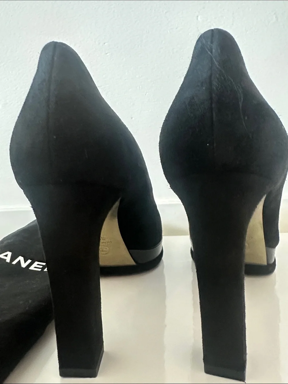CHANEL Black Suede Cap-Toe Block Heel Pumps